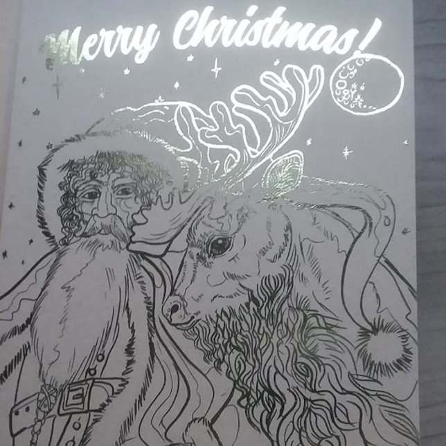 Carte Dorée Joyeux Noël Père Noël et Reindeer (Beautiful Santa and Deer on Gold Foil Christmas Card)