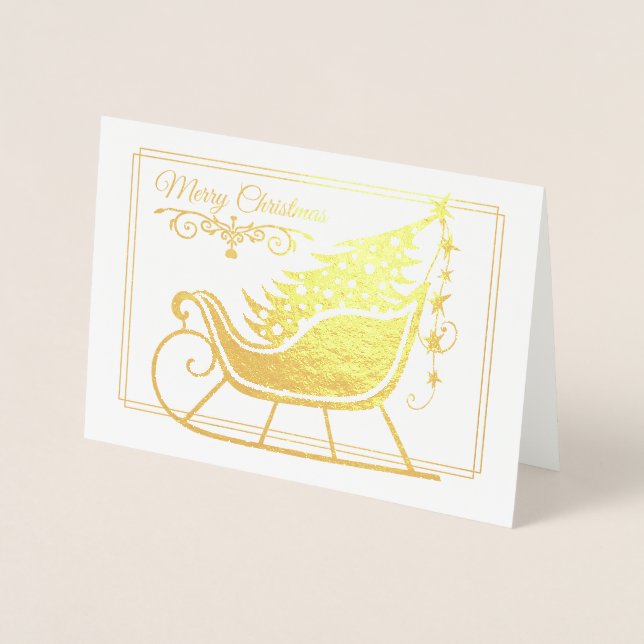 Carte Dorée Joyeux Noël Sleigh Tree famille vacances (Devant)