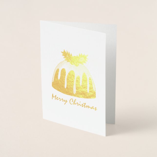 Carte Dorée Joyeux Noël Vacances British Plum Pudding Holly (Devant)