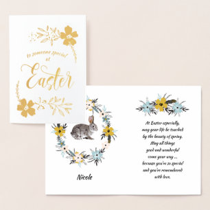 Carte Dorée Joyeux Pâques. Lapin de Pâques