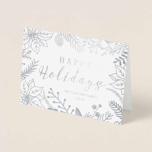 CARTE DORÉE JOYEUX VACANCES HIVER FOLIAGE FRAME | ARGENT (Devant)