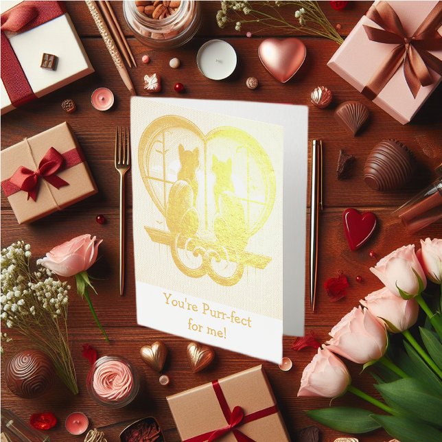 Carte Dorée La belle Saint-Valentin de chat  (Cat lover Valentine's foil card.)