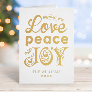 Carte Dorée Love Peace and Joy First Christmas Photo Gold