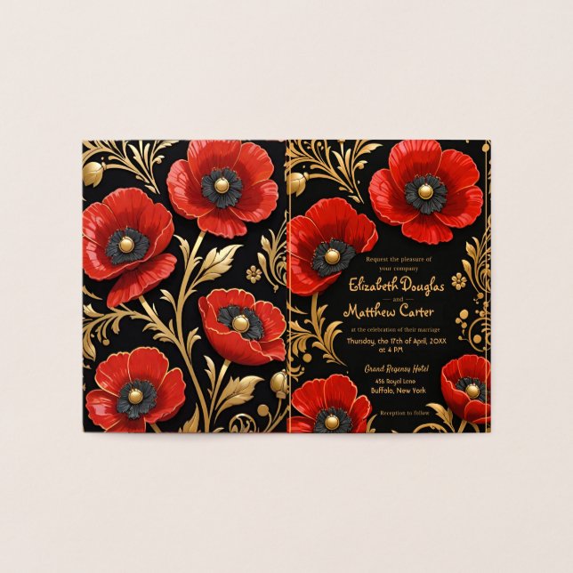 Carte Dorée Luxury Black Red and Gold Floral Wedding  (Intérieur)