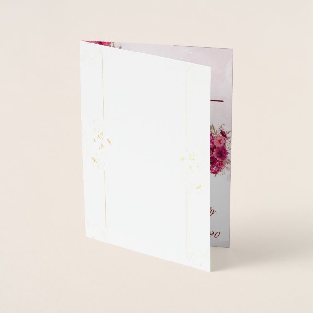 Carte Dorée Mariage Élégant Rose Bourgogne (Devant)