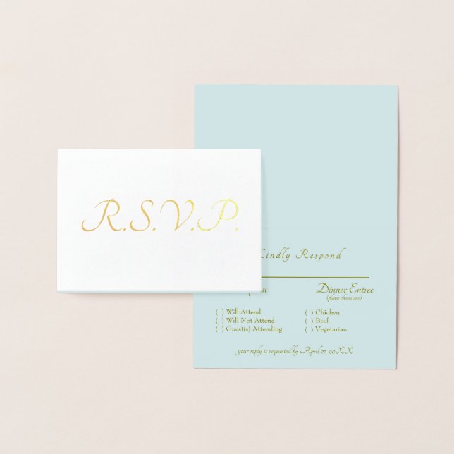 Carte Dorée Mariage Formel Réponse RSVP Bleu Glacé avec Feuill (Affichage)