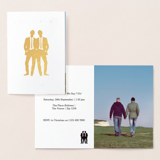 Carte Dorée Mariage Gay Deux Mariés en Costume (Affichage)