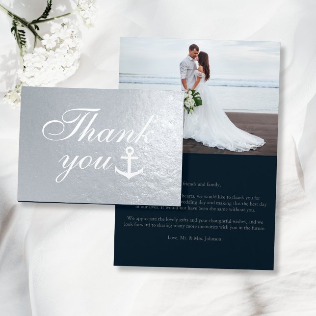 Carte Dorée Mariage nautique Merci argent réel (Nautical Wedding Thank You Silver Real Foil Card
)
