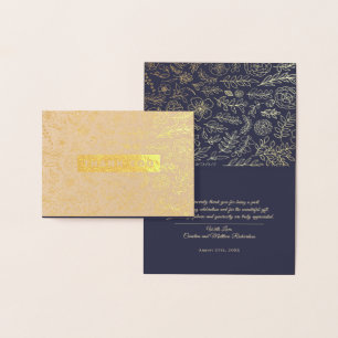 Carte Dorée Marine Blue Gold Floral Merci de luxe Mariage