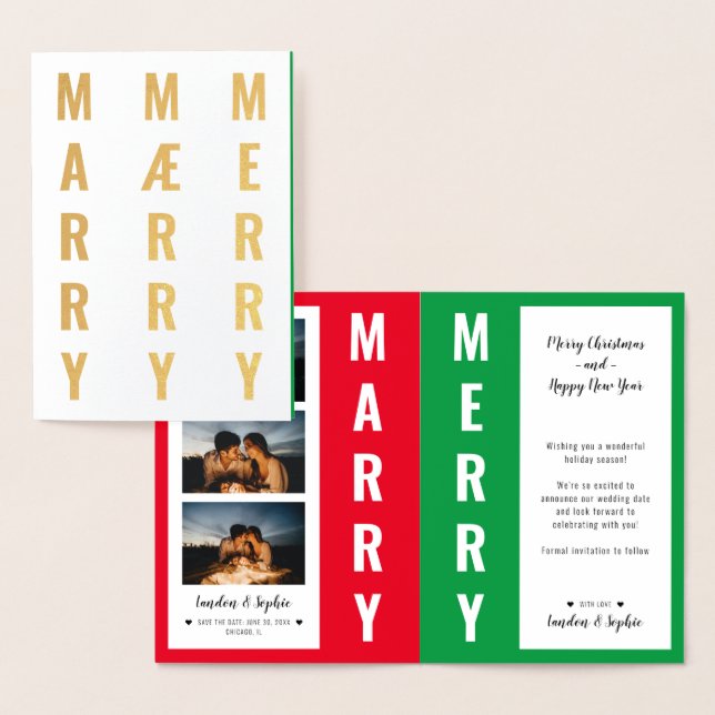 Carte Dorée "MARRY MAERRY MERRY" Noël Enregistrer la date Phot (Affichage)