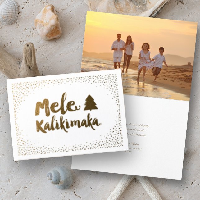 Carte Dorée Mele Kalikimaka Confetti Chic Photo de Noël (Mele Kalikimaka Christmas Greetings Holiday Foil Pressed Card @ www.zazzle.com/store/fat_fa_tin)