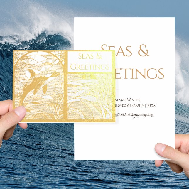 Carte Dorée Mer nautique moderne et salutations, Orca Whale (Créateur téléchargé)