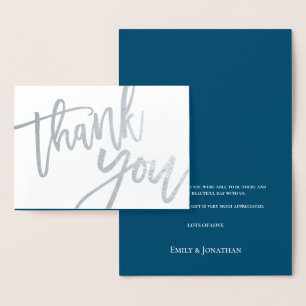 Carte Dorée Merci Élégante calligraphie Mariage bleu Argent