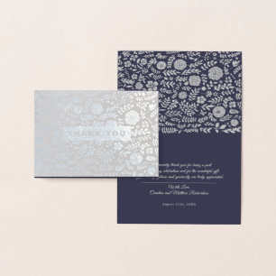 Carte Dorée Merci floral bleu marine en argent Mariage 