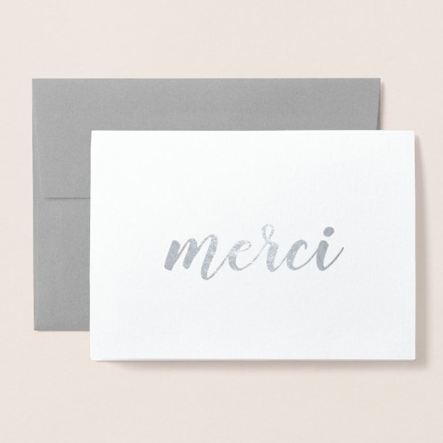 Carte Dorée Merci French Merci Brushstroke Script Argent (Devant avec enveloppe)