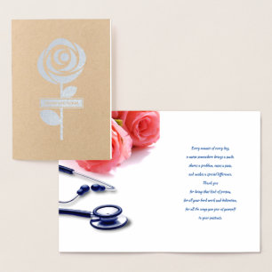Carte Dorée Merci, infirmière. Roses et stéthoscope