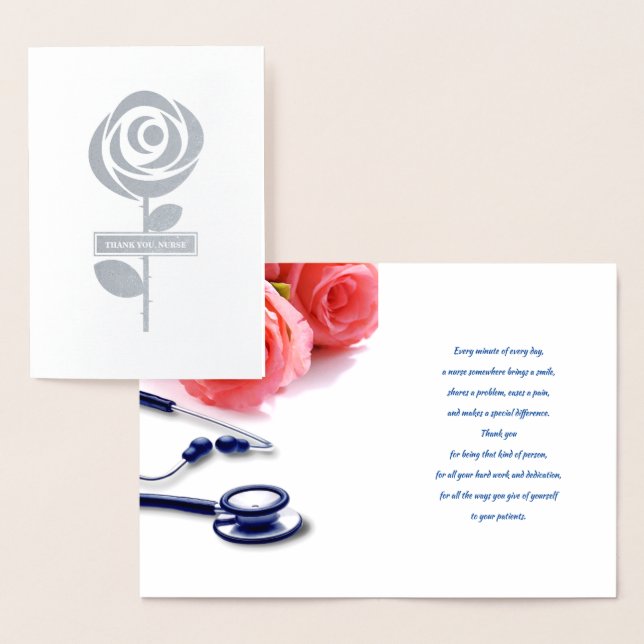 Carte Dorée Merci, infirmière. Roses et stéthoscope (Affichage)