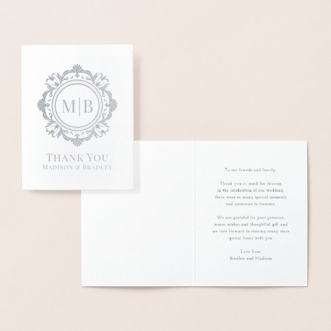 Carte Dorée Merci Mariage de monogramme floral orné (Affichage)