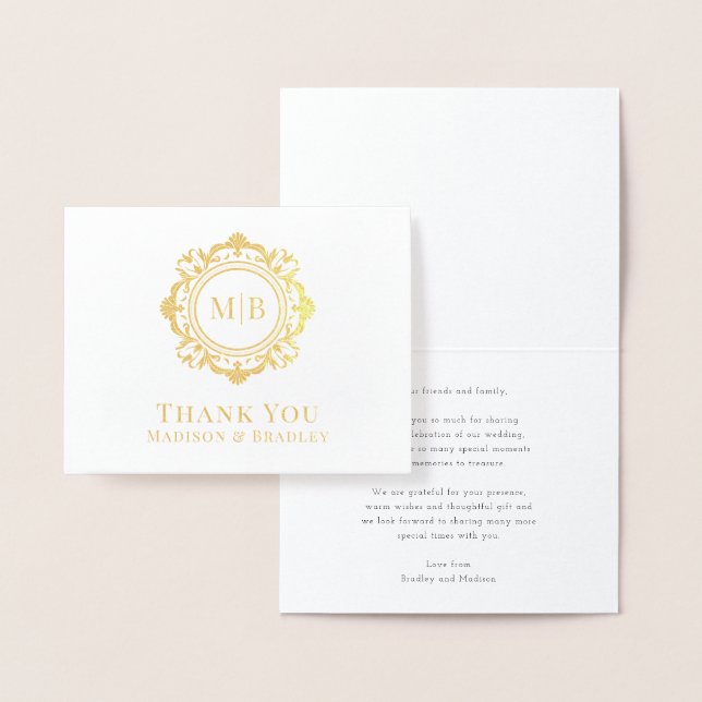 Carte Dorée Merci Mariage de monogramme floral orné (Affichage)