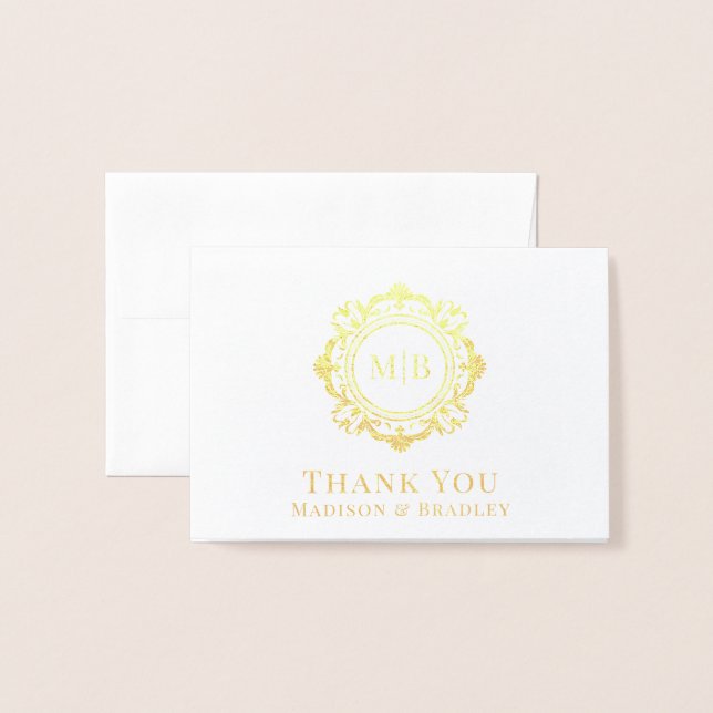 Carte Dorée Merci Mariage de monogramme floral orné (Devant avec enveloppe)