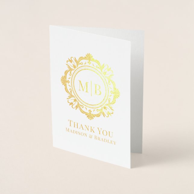 Carte Dorée Merci Mariage de monogramme floral orné (Devant)