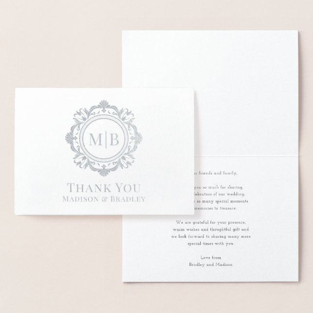 Carte Dorée Merci Mariage de monogramme floral orné (Affichage)