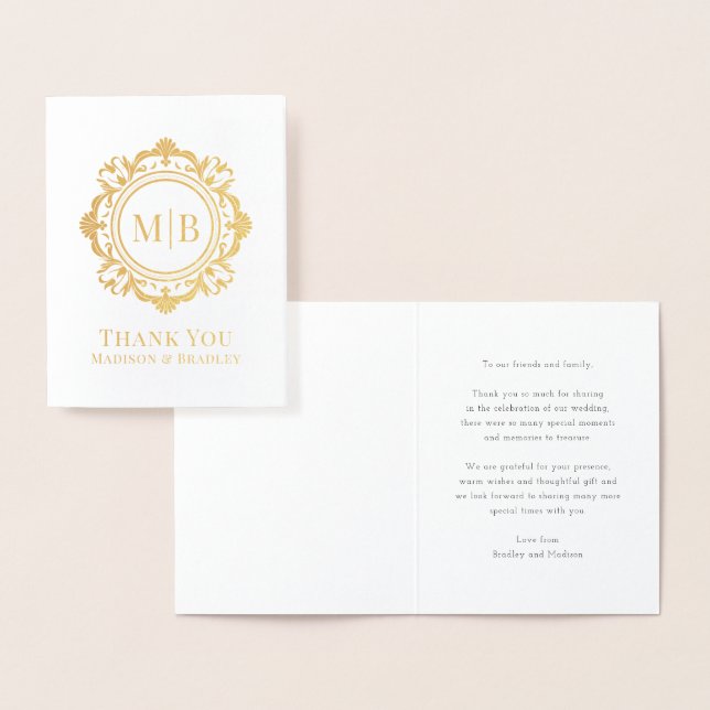 Carte Dorée Merci Mariage de monogramme floral orné (Affichage)