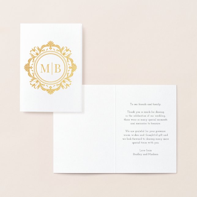 Carte Dorée Merci Mariage de monogramme floral orné (Affichage)