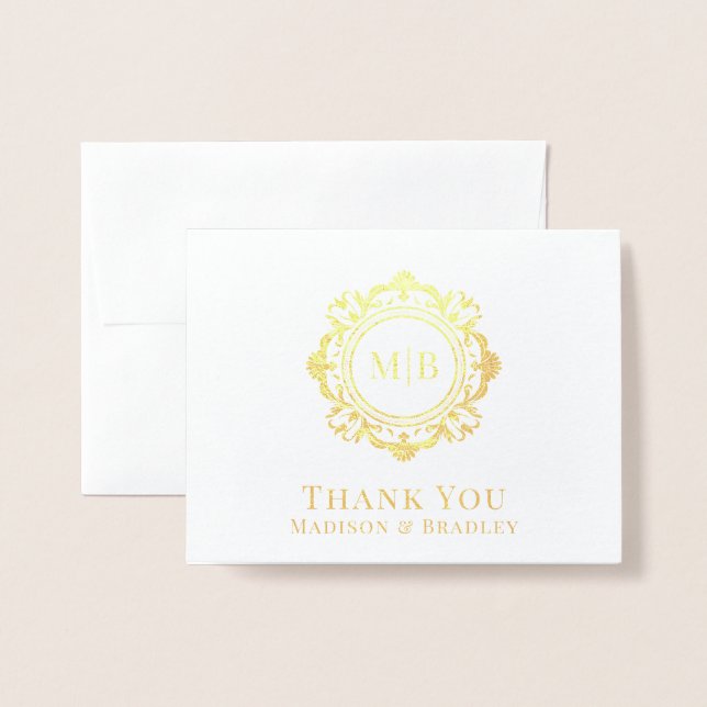 Carte Dorée Merci Mariage de monogramme floral orné (Devant avec enveloppe)