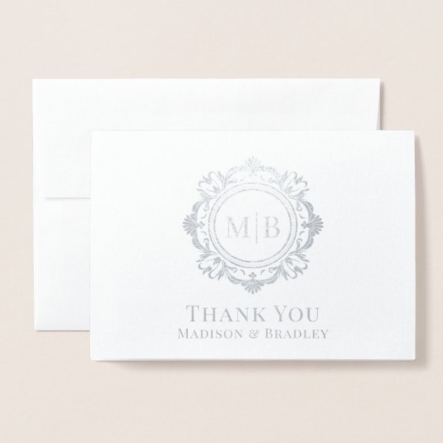 Carte Dorée Merci Mariage de monogramme floral orné (Devant avec enveloppe)