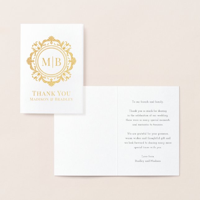 Carte Dorée Merci Mariage de monogramme floral orné (Affichage)