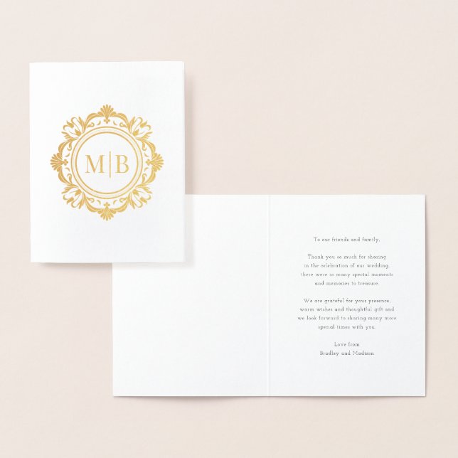 Carte Dorée Merci Mariage de monogramme floral orné (Affichage)