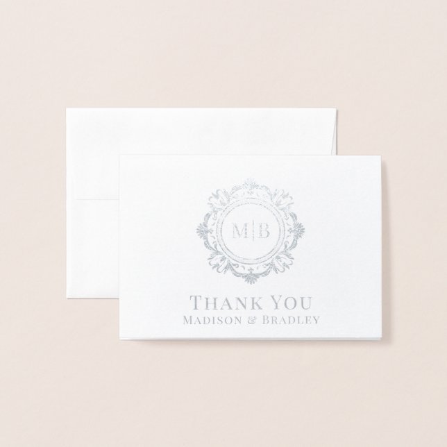Carte Dorée Merci Mariage de monogramme floral orné (Devant avec enveloppe)