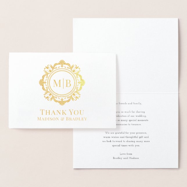 Carte Dorée Merci Mariage de monogramme floral orné (Affichage)