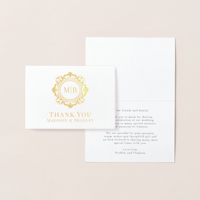 Carte Dorée Merci Mariage de monogramme floral orné (Affichage)