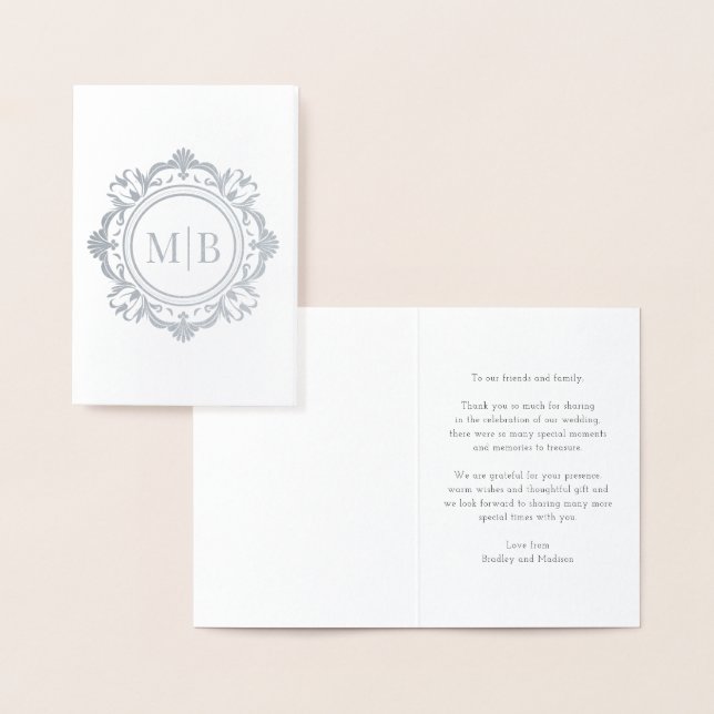 Carte Dorée Merci Mariage de monogramme floral orné (Affichage)