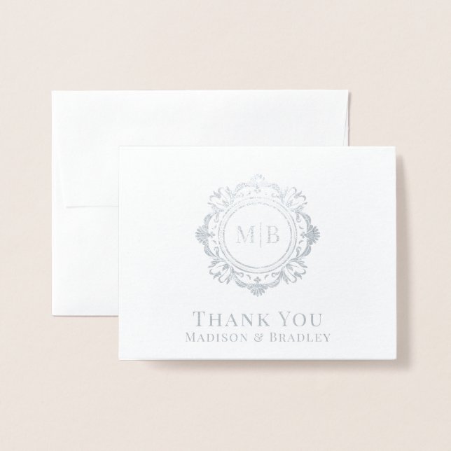 Carte Dorée Merci Mariage de monogramme floral orné (Devant avec enveloppe)