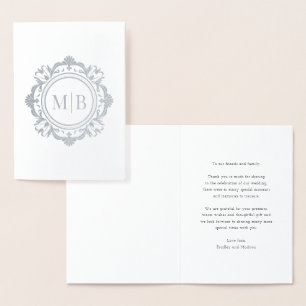 Carte Dorée Merci Mariage de monogramme floral orné