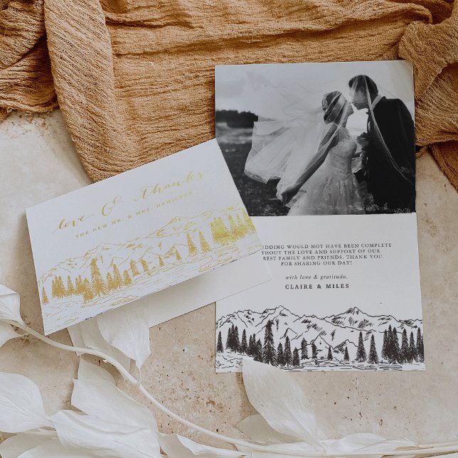 Carte Dorée Merci Mariage d'esquisse de montagne (Créateur téléchargé)