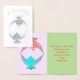 Carte Dorée Mignons oiseaux de l'amour rose et bleu Personnali