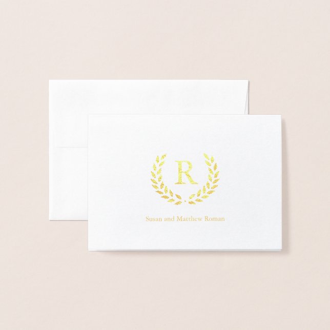Carte Dorée Monogramme de couronne personnalisé initial, huile (Devant avec enveloppe)