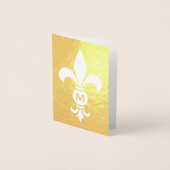 Carte Dorée Monogramme Fleur De Lis Élégante Note Pliée (Devant)