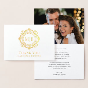 Carte Dorée Monogramme floral orné Merci Mariage photo