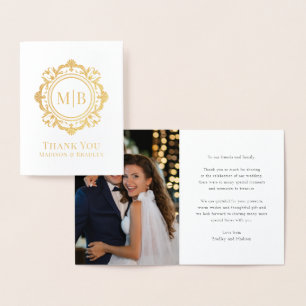 Carte Dorée Monogramme floral orné Merci Mariage photo