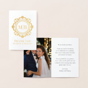 Carte Dorée Monogramme floral orné Merci Mariage photo
