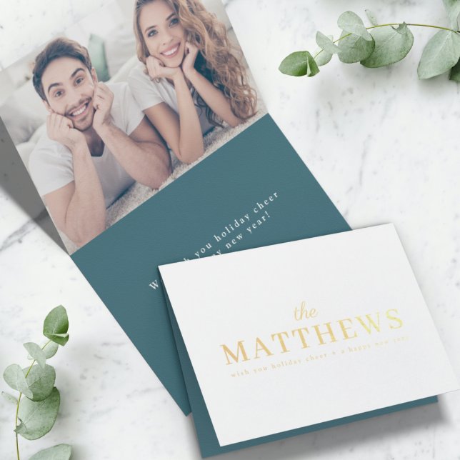 Carte Dorée Noël élégant | Minimale Turquoise photo de couple  (Créateur téléchargé)