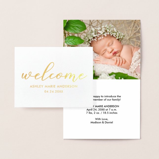 Carte Dorée Nouvelle photo de bébé moderne Welcome Gold Foil N (Affichage)