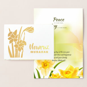 Carte Dorée Nowruz Moubarak. Daffodiques du printemps Nouvel A