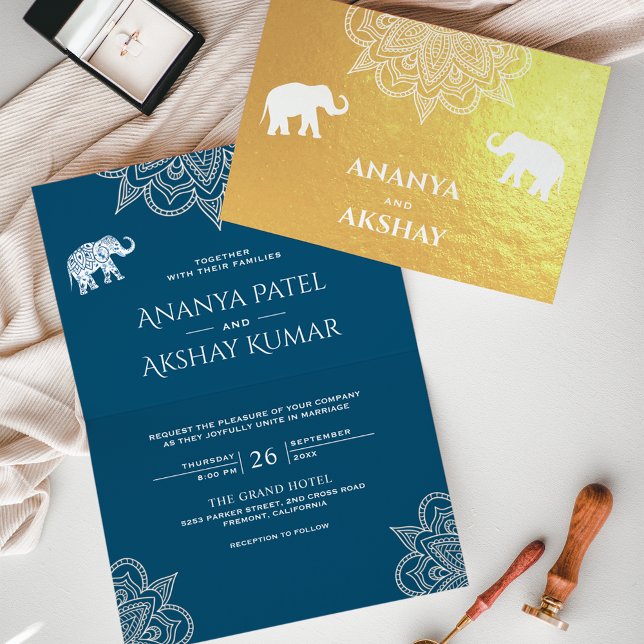 Carte Dorée Océan Blue Henna Elephant Mariage Indien Or (Créateur téléchargé)