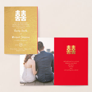 Carte Dorée Or FEUILLE PHOTO Bonheur Chinois Mariage Rouge